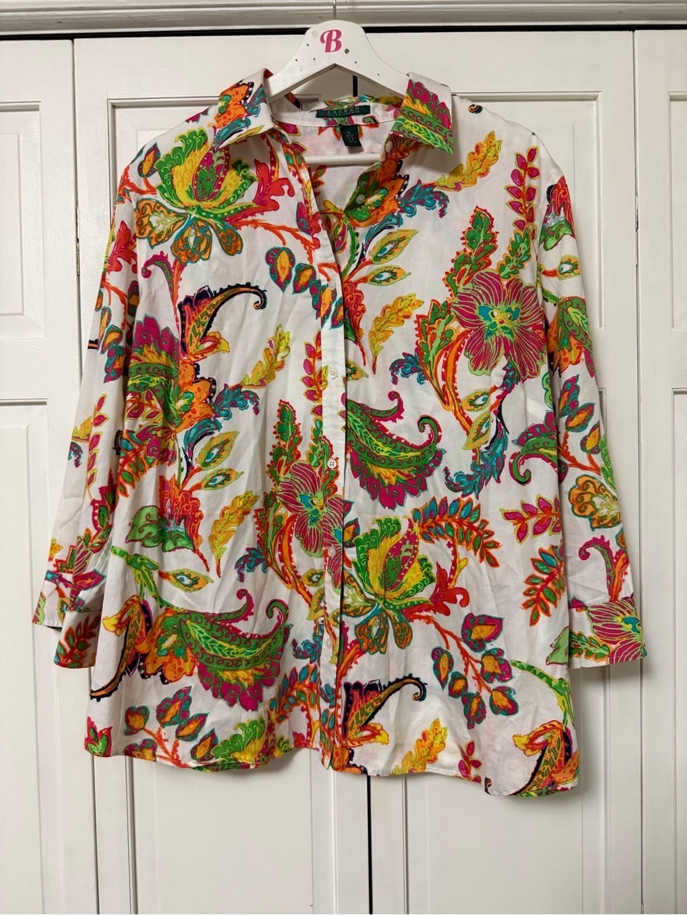 Lauren Ralph Lauren All Over Paisley Floral Print Button-Up Shirt 3/4 Sleeve 1X